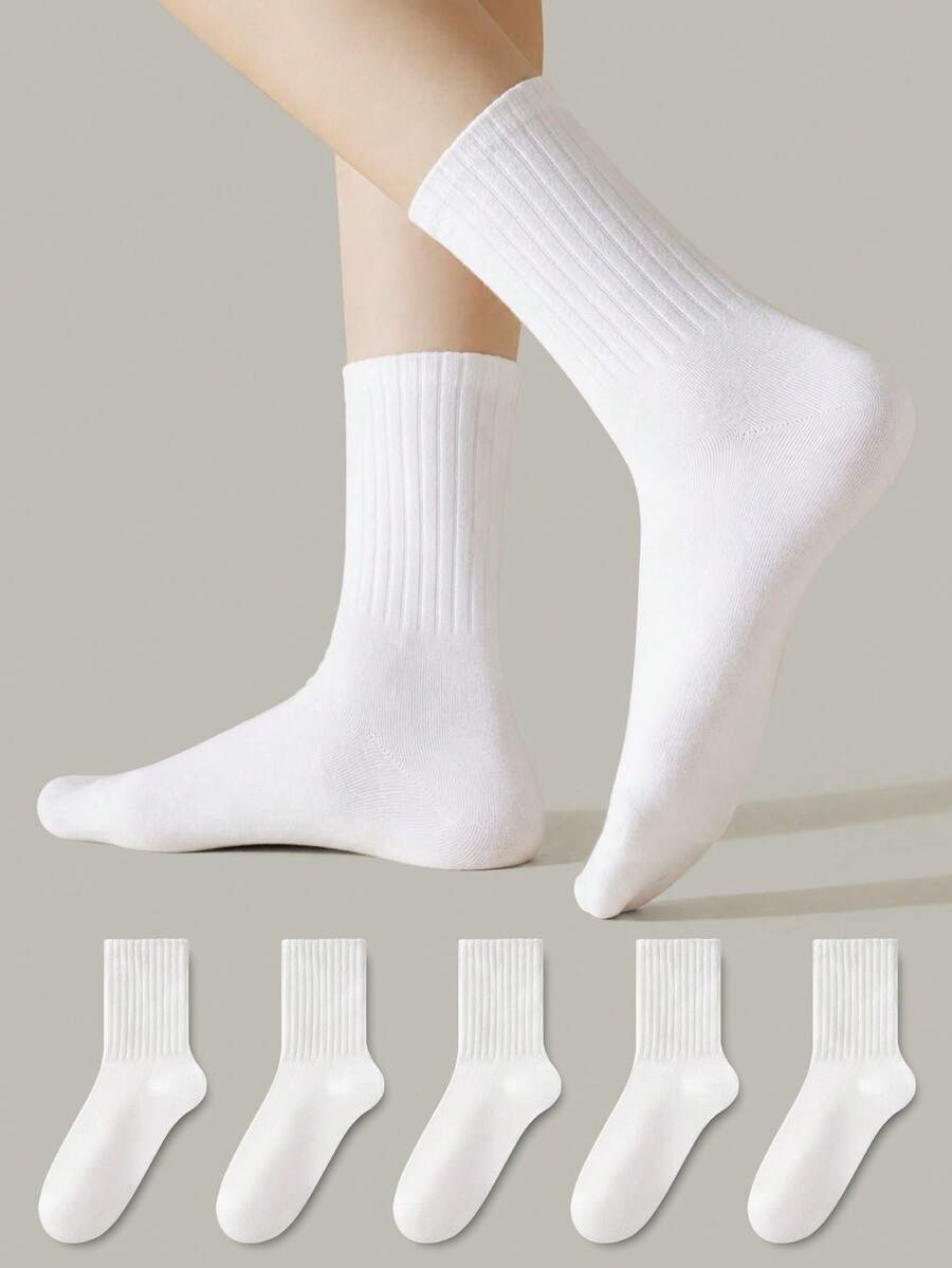 ZUJO 1/5 Pairs Women's Pure White Vertical Ribbed Mid-Calf Socks, Comfortable, Moisture-Wicking And Breathable, Classic Versatile For Daily Casual Wear, Suitable For Spring, Autumn And Winter - White - View 1