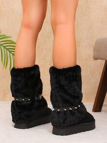 Women's Solid‑Color Mid‑Calf Platform Boots, Draping‑Style Long‑Plush Upper Trim, Faux‑Suede Boot Body With Silver‑Stud Decorative Buckle Side‑Strap - Black - View 6
