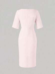 Solid Color Casual Elegant Retro French Style Waist Slimming Office Daily Date Commute Faux Pearl Decor Round Neck Dress, White Pink Summer - Pink - View 7