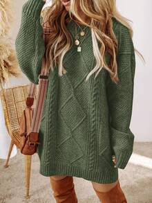 Acelitt Plus Size Women's Solid Color Knit Textured Cold Shoulder Plus Size Sweater Dress, Autumn/Winter - Green - View 4