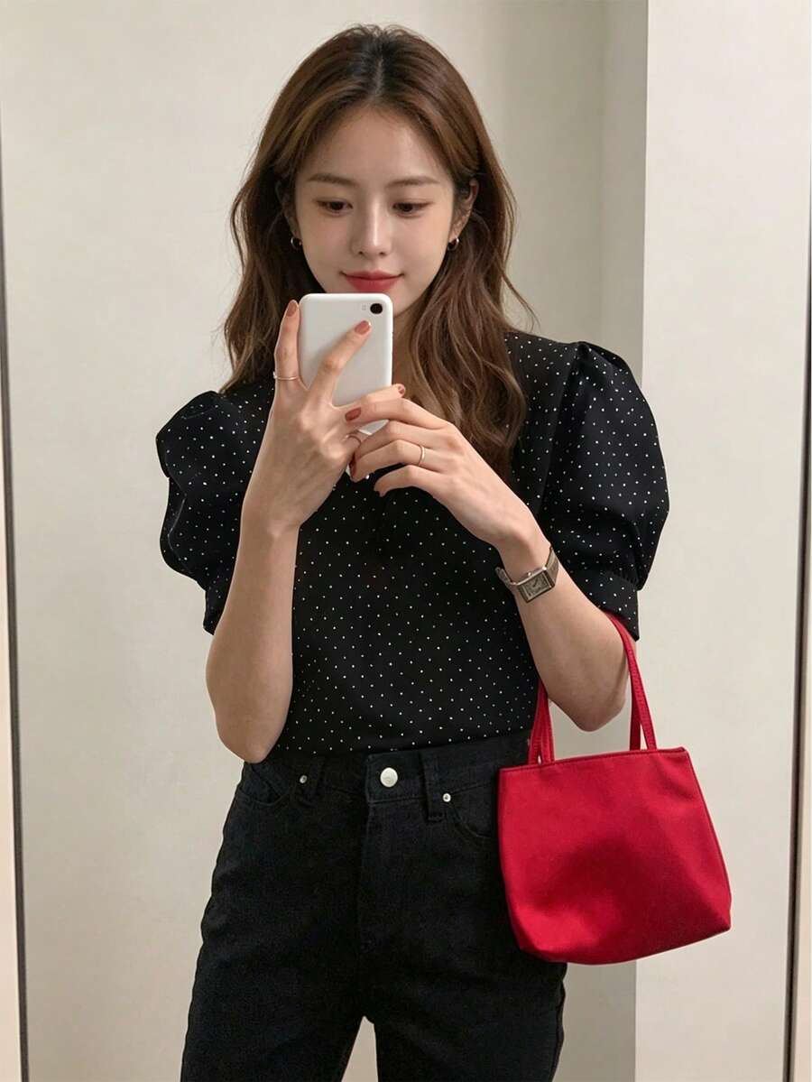 春夏休閒波點印花花瓣袖女上衣 - 黑色 - 查看 1