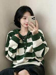 YCYC Sweater Berkerudung Lengan Panjang Bergaris Longgar Gaya Korea Terbaru untuk Wanita - Hijau - View 6