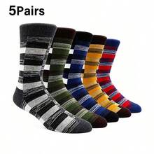 5 Pairs Men's Plus Size Mid-Calf Socks, Autumn/Winter Retro Striped Colorblock Sports Socks - Multicolor - View 1
