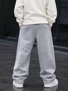 1pc Boys' New American Relaxed Style Wide Leg Sweatpants, Elastic Waist, Loose Drape Casual Long Pants, Spring/Autumn - Light Grey - View 2