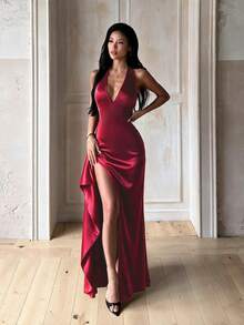 Summer, Elegant Dress, Wedding Guest Dress, Ladies Holiday Wear, Sexy Waist Halter Party Dress, Perfect For Beach, Festivals - Burgundy - View 1