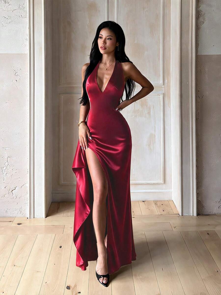Summer, Elegant Dress, Wedding Guest Dress, Ladies Holiday Wear, Sexy Waist Halter Party Dress, Perfect For Beach, Festivals - Burgundy - View 1