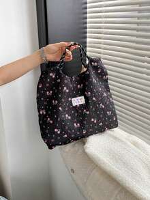 Vintage Fashion Floral Pattern Tote Bag, Korean Style Casual Large Capacity Shoulder Bag, Suitable For Women Travel And Vacation - Black - View 5