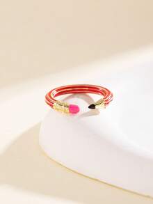 1pc Cute 3D Colorful Pencil Shaped Adjustable Open Ring, Gold Enamel Cartoon Pencil Design Finger Ring, Suitable For Women Daily Wear Gift - Multicolor - View 5