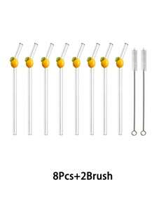 1/2/4/6/8pcs Cute Curved Transparent Reusable Shatterproof Glass Straws With Cute Lemon Pendant And Matching Cleaning Brush, Suitable For Cold Drinks, Milk Tea, Coffee, Juice, Milkshake, Cocktail, Home, Back To School, Autumn Gift, Halloween, Christmas - Style 1 - View 14