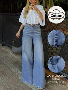Light Blue Washed Brushed Mid-High Waist Wide Leg Jeans For Women, Cotton Warm Brushed Loose Drape Floor Length Casual Denim Pants - Light Wash - View 1