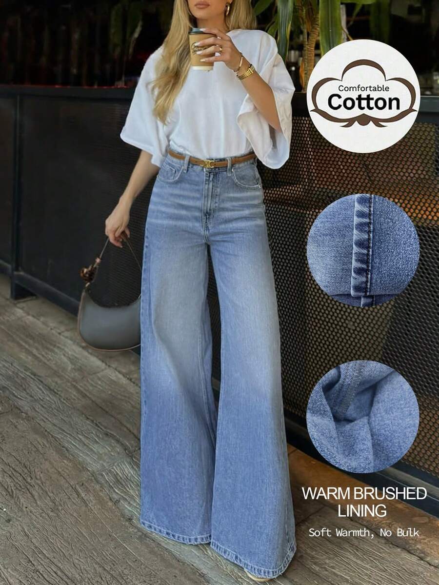 Light Blue Washed Brushed Mid-High Waist Wide Leg Jeans For Women, Cotton Warm Brushed Loose Drape Floor Length Casual Denim Pants - Light Wash - View 1