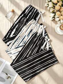 3pcs/Set Celana Panjang Piyama Wanita Longgar dengan Pita dan Pinggang Tinggi, Pakaian Rumahan Kasual Nyaman untuk Musim Semi/Gugur - MultiWarna - View 3