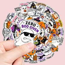 50pcs Funny & Cute Halloween Quote Stickers, Sleepy Pumpkin, Cheerful Ghost, Black Cat, Humorous Slogan Waterproof Decorative Stickers, Suitable For Laptop, Water Bottle, Planner, Scrapbook - Multicolor - View 5