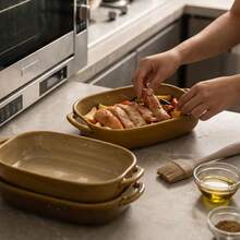 1pc Rectangular Ceramic Baking Dish With Double Handles, Oven- Baking Cookware, Vintage Glazed Kitchen Serving Plate - View 8
