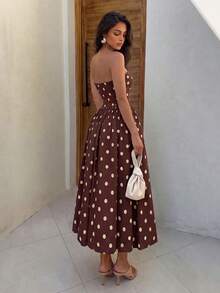Elegante Vestido Midi Vintage Bohemio con Lunares, Sin Tirantes y Bajo de Burbuja, Adecuado para Invitada de Boda, Fiesta, Playa, Vacaciones de Verano, Salidas y Ocasiones de Graduación - Marrón Mocha - Ver 2