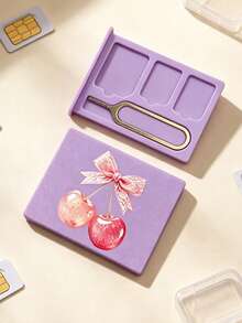 Bowknot Cherry Print Card Holder, SIM Card Pin Slot, Comes With SIM Card Pin, Cherry Print Portable SIM Card Storage Box, Phone Card Holder, SIM Card And SD Card Storage Box, Travel Storage Box, Compact And Lightweight, Anti-Loss And Durable, Anti-Drop And Durable, Suitable For Smartphones, Tablets And Other Devices, Can Store SIM Card/SIM Card Pin, Ideal Choice For Storing Backup SIM Cards When Changing Phone Numbers, Also A Great Gift. Suitable For Back To School Season, Back To School Season, Teacher's Day. - Multicolor - View 7