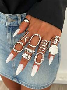 10/1pc Fashion Minimalist Casual Style Asymmetrical Geometric Line Silver Ring Set, Suitable For Women's Daily, Party, Vacation Wear, Holiday Gift - Silver - View 3