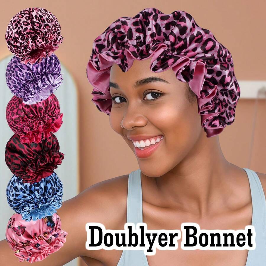 1pc Leopard Print Satin Patchwork Sleeping Cap, Suitable For Curly And Straight Hair Sleep Bonnet