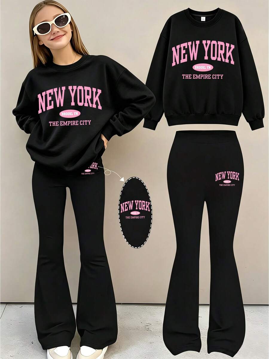 2件組女款極簡休閒口號印花圓領衛衣與喇叭褲套裝,秋冬時尚舒適新款 - 黑色 - 查看 1