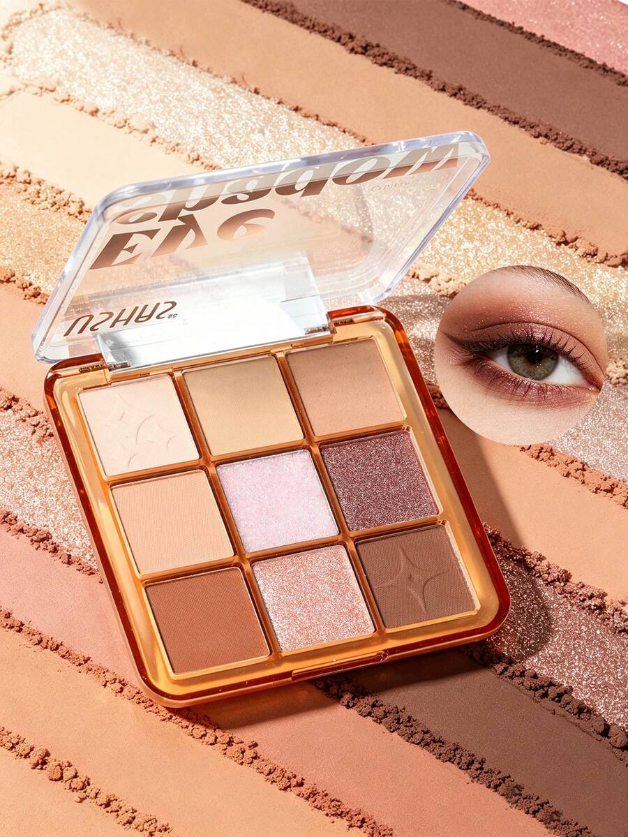 USHAS 9 Warna Palet Mata & Wajah, Eyeshadow Blush Highlighter Palet Makeup 3-in-1, Matte Shimmer Sparkle Sangat Berpigmen Tahan Air Tahan Lama - #02 Cokelat Mawar - View 1