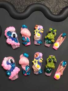 10pcs Handmade Press-On Nails, 33mm Square Nail Tips, 3D Green Frog With Lotus Leaf, Pink Bubble Octopus, Pink Chopsticks With Fried Egg, Yellow Star, Orange Sushi, Royal Blue Water Drop Rhinestone Design, Suitable For Spring Summer Autumn Winter, Essential Nail Decor For Parties, Banquets, Travel And Vacations - Multicolor - View 1