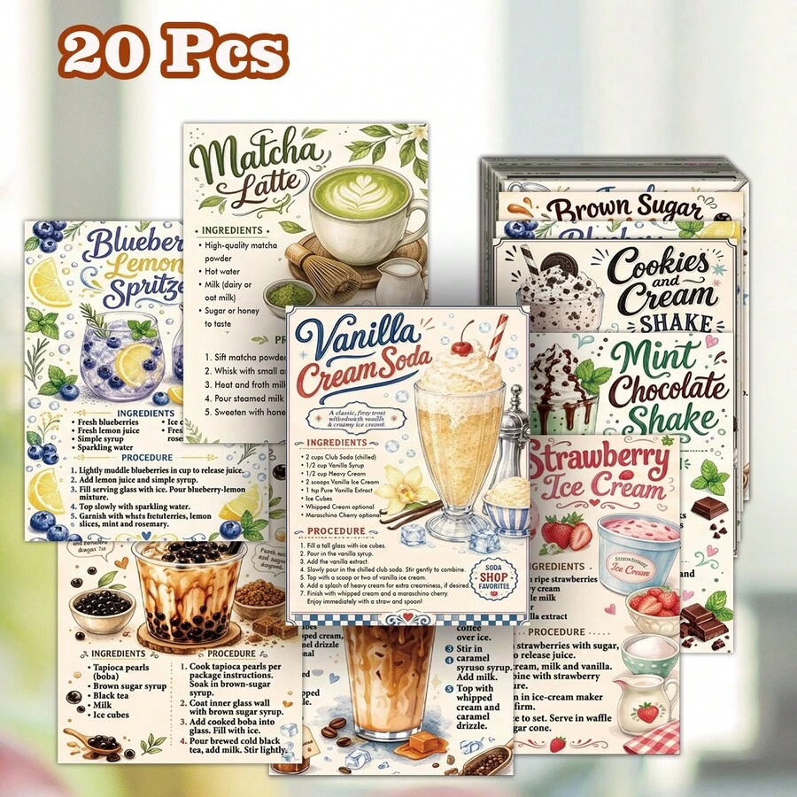 20pcs Watercolor Drink Recipe Cards, Suitable For Cafes, Parties - Colorful English Flashcards With Step-By-Step Drink Guides, Smoothie Lemonade Milk Tea Soda Recipe Collection, Summer Drink Creative Gift - 20 Watercolor Drink Recipe Cards - View 1
