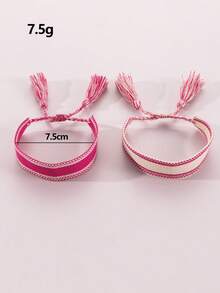 NAIZHU 2 buah Gelang Anak-anak Gaya Bohemian Anyaman Bordir yang Dapat Diatur Ukurannya, Hadiah Persahabatan - Hot Pink - View 4