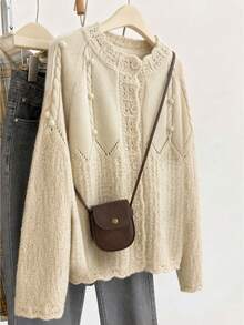 Women's Lace Trim Button Knit Cardigan, Comfortable Cable Knit Sweater, Suitable For Autumn/Winter, Thanksgiving, Halloween, Christmas - White - View 8