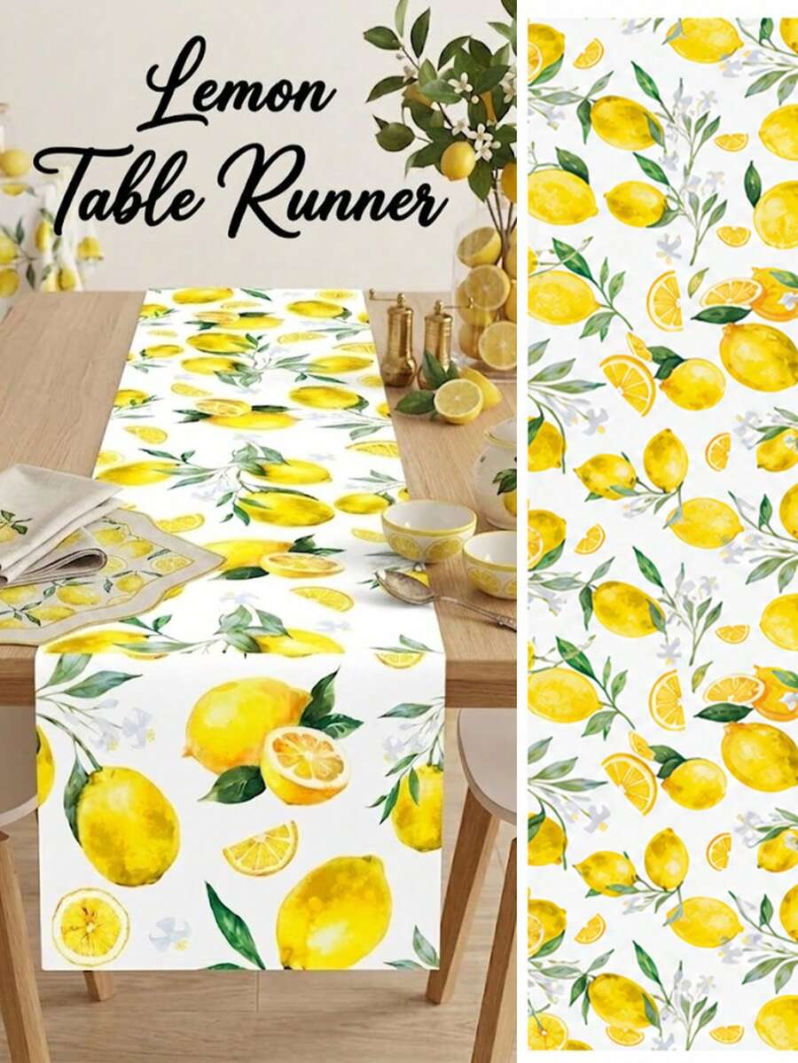 1Pc Watercolor Lemon Table Runner,Yellow Lemon Green Leaves Print Tablecloth,180x35cm Polyester Table Cloth For Summer Holiday Party Picnic Home Decor