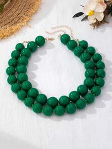 OABE 2pcs/Set Bohemian Style Casual Wear Accessories Green Round Bead Layered Necklace Set, Suitable For Women's Daily Wear, Holiday/Anniversary Surprise Gift - Green - View 4