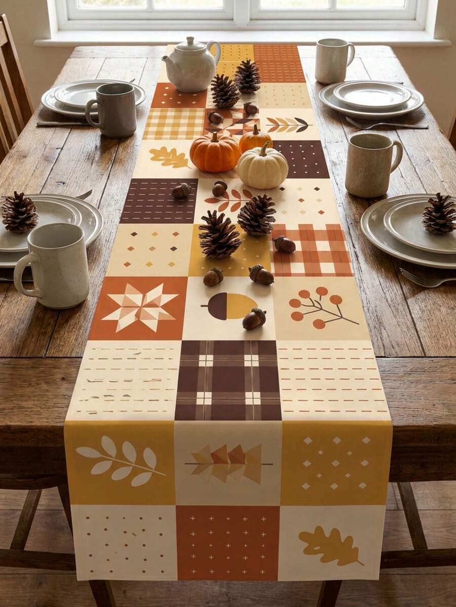 Autumn Geometric Patchwork Table Runner, Pumpkin Acorn Maple Leaf Element Combination Print Long Table Decor Cloth, Modern Country Style Thanksgiving Home Decor, Suitable For Dining Room Kitchen Daily Meals, Autumn Party - Multicolor - View 1