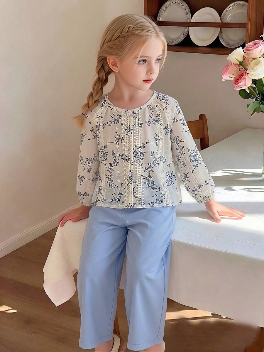 Humor Bear 2pcs Girls Fashion Jacquard Chiffon Lightweight Long Sleeve Top And Wide Leg Pants Set, Autumn - Blue - View 1