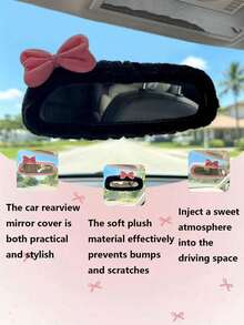1pc Universal Plush Rearview Mirror Cover, Bow Plush Rearview Mirror Cover, Car Accessories, Car Decor, Decorative Car, Gift, Rearview Mirror Protection Cover, Pink Car Rearview Mirror Protection Cover, Cartoon Car Interior Decoration Accessories - Bow - View 3