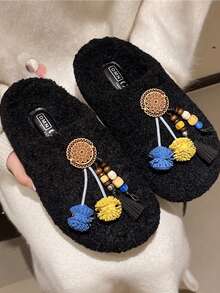 Bohemian Style Wooden Bead Tassel Fur Slippers For Women, Vintage Lamb Wool Warm Half-Slip Thermal Slippers - Black - View 2