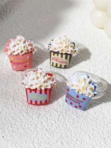 4pcs Cartoon Cute Realistic Colorful Popcorn Bucket Rings, Heart Polka Dot Stripe Elements, Suitable For Wearing During Movies, Friends Party Gatherings, Ideal Gift For Friends. - Multicolor - View 10