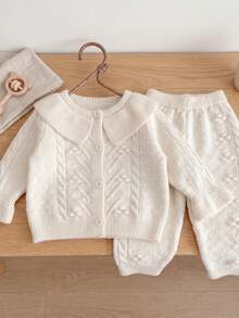 Baby Girl Gentle Knitted 2 Pieces Set, Cream White Hollow Cable Knit Puff Ball Collar Cardigan And Loose Cuffed Long Pants - Apricot - View 3