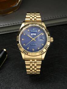 RICECGO A Men's Business Watch With A Checkered Dial And Dual Date Windows, Suitable For Everyday And Business Wear, Exuding A Sophisticated, Elegant Vibe. - Gold - View 13