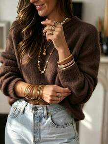 Cozy Women's Casual Winter Butter Yellow Solid Color Sweater, Long Sleeve Drop Shoulder Knitwear Pullover Rib-Knit Details Knit Top,Daily / Home - Brown - View 5