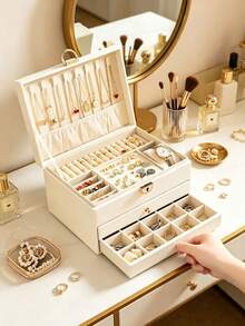 1pc Large Capacity Diamond Drawer Jewelry Box, White Green Color Block Black Optional, Top Layer Necklace Hooks Ring Slots Earring Board, Bottom Layer Drawer Compartments, Lockable Dust-Proof, Vanity Storage Watch Slot, Anti-Oxidation, Necklace Hooks, Home Use Zipper - Multicolor - View 6