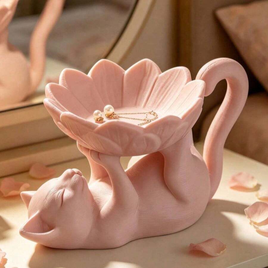 Minimalist Cat & Lotus Jewelry Tray, Living Room Desktop Organizer Home Decor, Small Item Storage, Multi-Functional Desktop Decoration, Suitable For Jewelry, Keys, Storage, Home Decor, Commemorative Gift, Birthday Gift - Multicolor - View 1