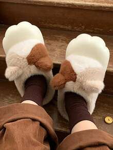 女款可愛拼色貓爪室內拖鞋，春秋冬季休閒平底拖鞋，防滑保暖軟底，舒適輕量，適合女孩與學生 - 白色 - 查看 4