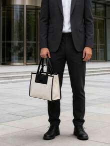 Canvas Tote Bag Black Leather Trimmed Shoulder Bag Fashion Large Capacity Work Travel Handbag - Multicolor - View 7