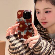 Ins Autumn/Winter Retro Brown Plaid Floral Phone Case Compatible With Iphone 17 Pro Max, Apple 13, 18 Pro, 14, 12, 11 Pro, 15 Plus, Double Layer Laser Silicone Full Coverage Creative Case For Women - Brown - View 3