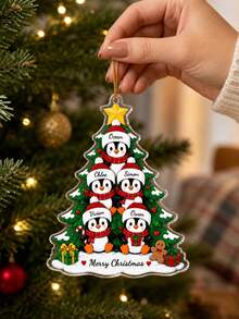 1pc Personalized Penguin Family Decor, Customized Name Christmas Gift, 5-Person Family Keepsake, Winter Holiday Tree Ornament, Christmas Tree Decoration, Christmas Gift - Green - View 5