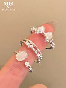 Set 3 buah cincin terbuka pita zirkonia kubik elegan dan modis, cocok untuk wanita yang ingin menghadiri pesta dan acara kumpul-kumpul. - Perak - View 2
