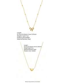 VceTd 2PCS Set Kalung Wanita Elegan Bergaya dari Baja Tahan Karat dengan Liontin Bentuk Hati/Pita, Cocok untuk Pemakaian Sehari-hari, Kencan, atau Hadiah - Yellow Gold - View 2