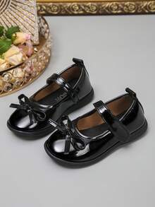 Girls' Black Bow Mary Jane Shoes, Soft & Comfortable Sole, Hook & Loop Design For Easy On/Off, Princess Shoes For School, Performance, Flower Girl, Formal Occasions - Black - View 2