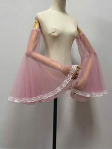 1 Pair White Mesh Lace Trim Bridal Arm Sleeves, Detachable Elastic Long Bell Sleeves - Multicolor - View 12