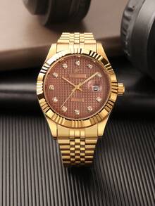 RICECGO A Lightweight, Luxury Men's Business Watch With A Checkered Rhinestone-Embellished Dial, Perfect As A Gift For Everyday Business Meetings - Gold - View 11
