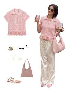 YROOE Women's Spring/Summer French Style Hollow Out Fringe Knit Top Pink - Pink - View 2